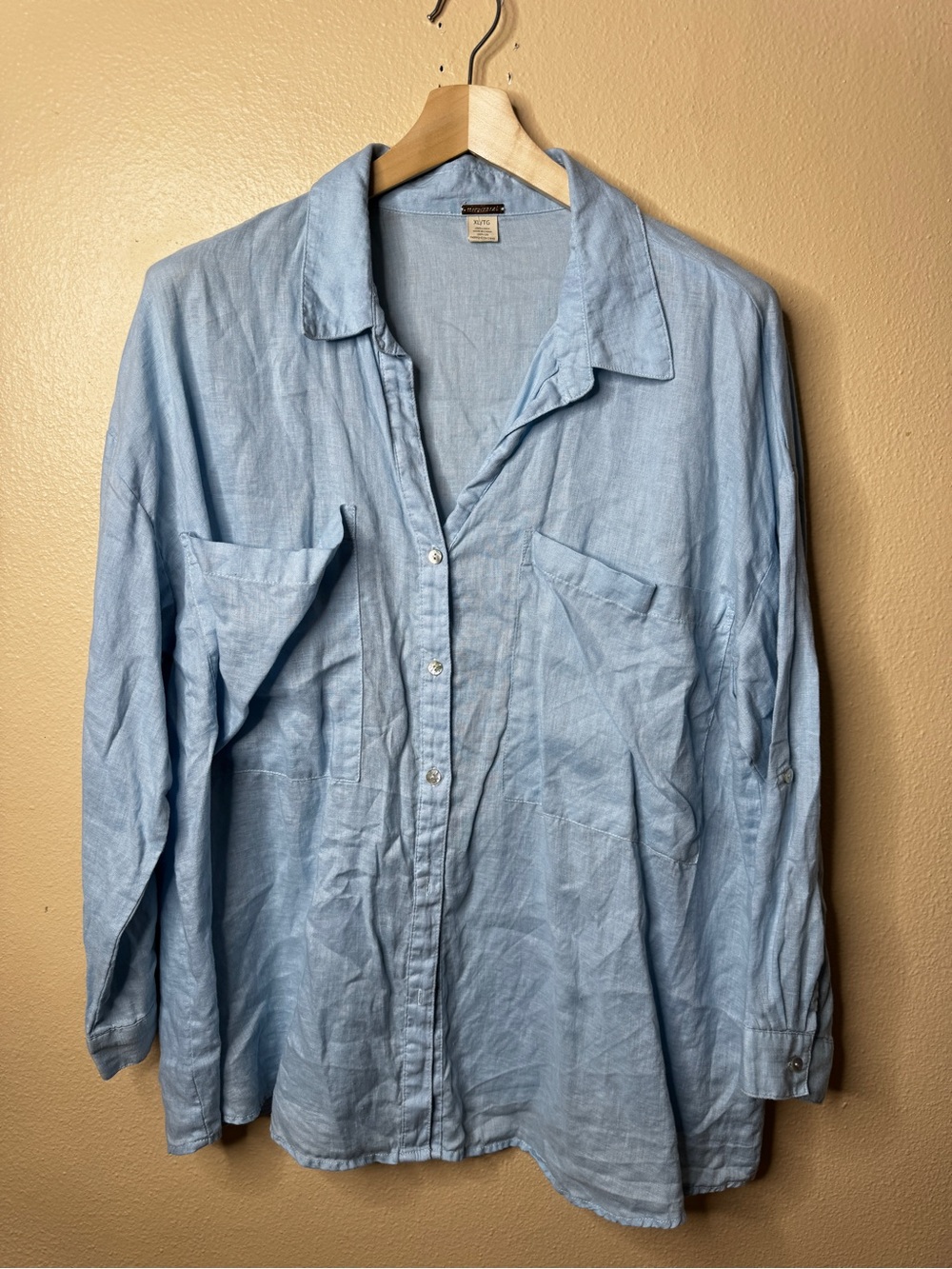 Magaschoni Womens XL Light Blue 100% Linen Button Up Shirt Roll Tab Sleeve
